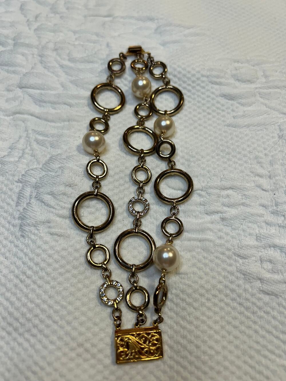 Three Chain Bracelet Faux Pearl Rhinestones Gold Tone